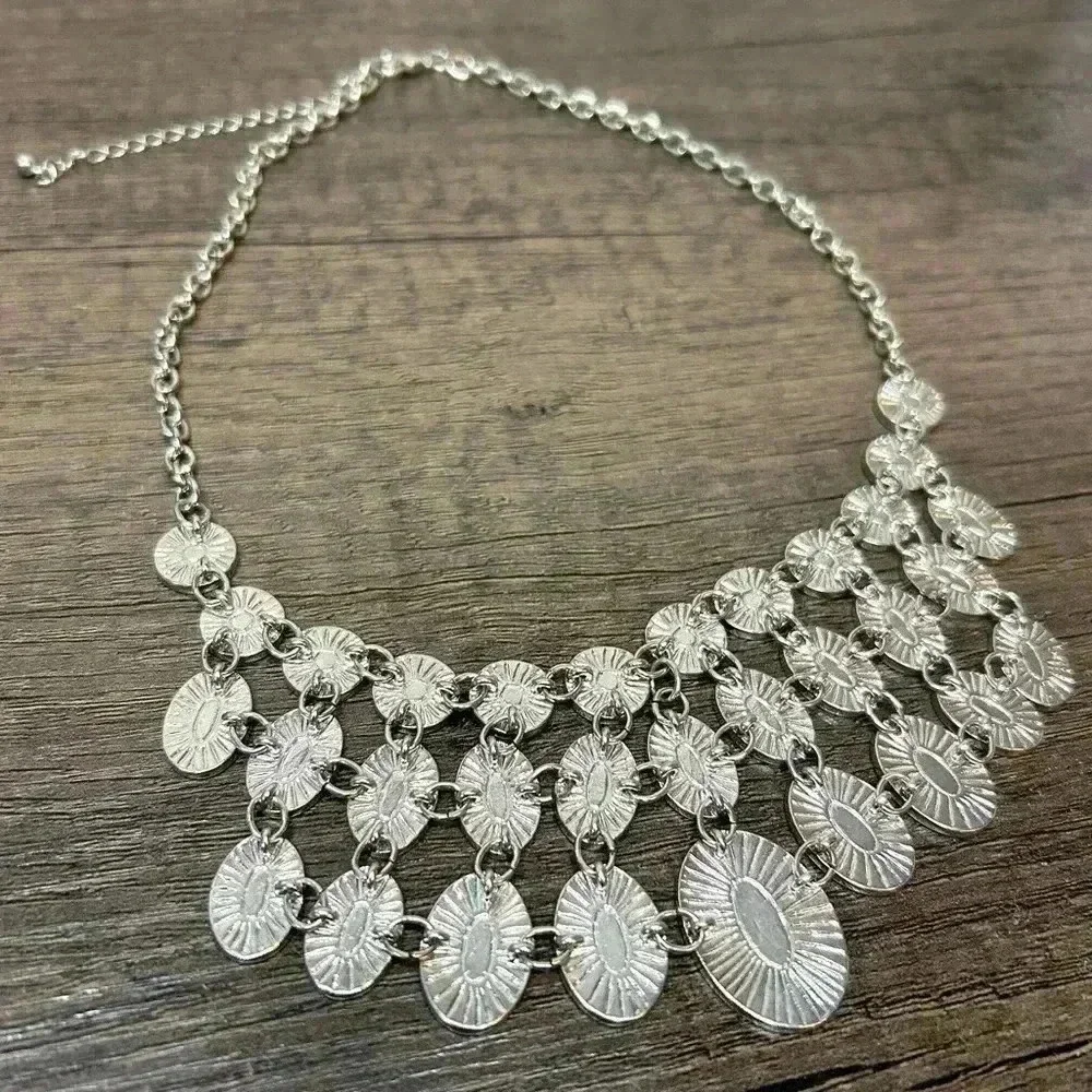 Vintage Silver Glitter Round Oval Drop Dangle Statement Necklace